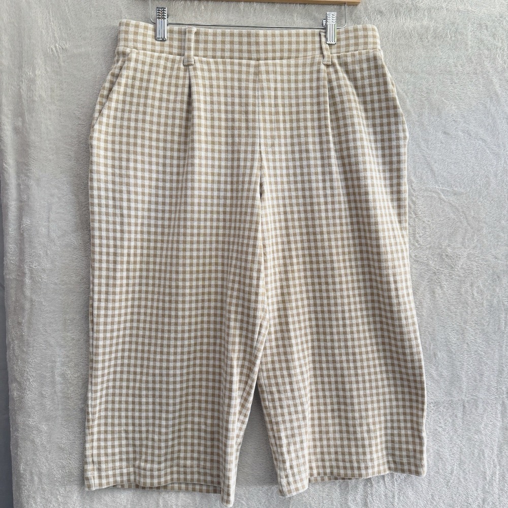 Lands End Sport Knit Crop Pants Tan Gingham Plaid Medium 10-12 cottage core pull